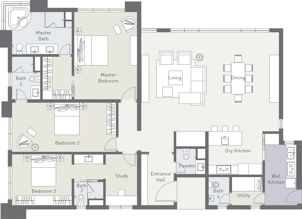 Cappella Embassy Type A2 floor plan — 2,260 sqft 3+1 bedroom with study